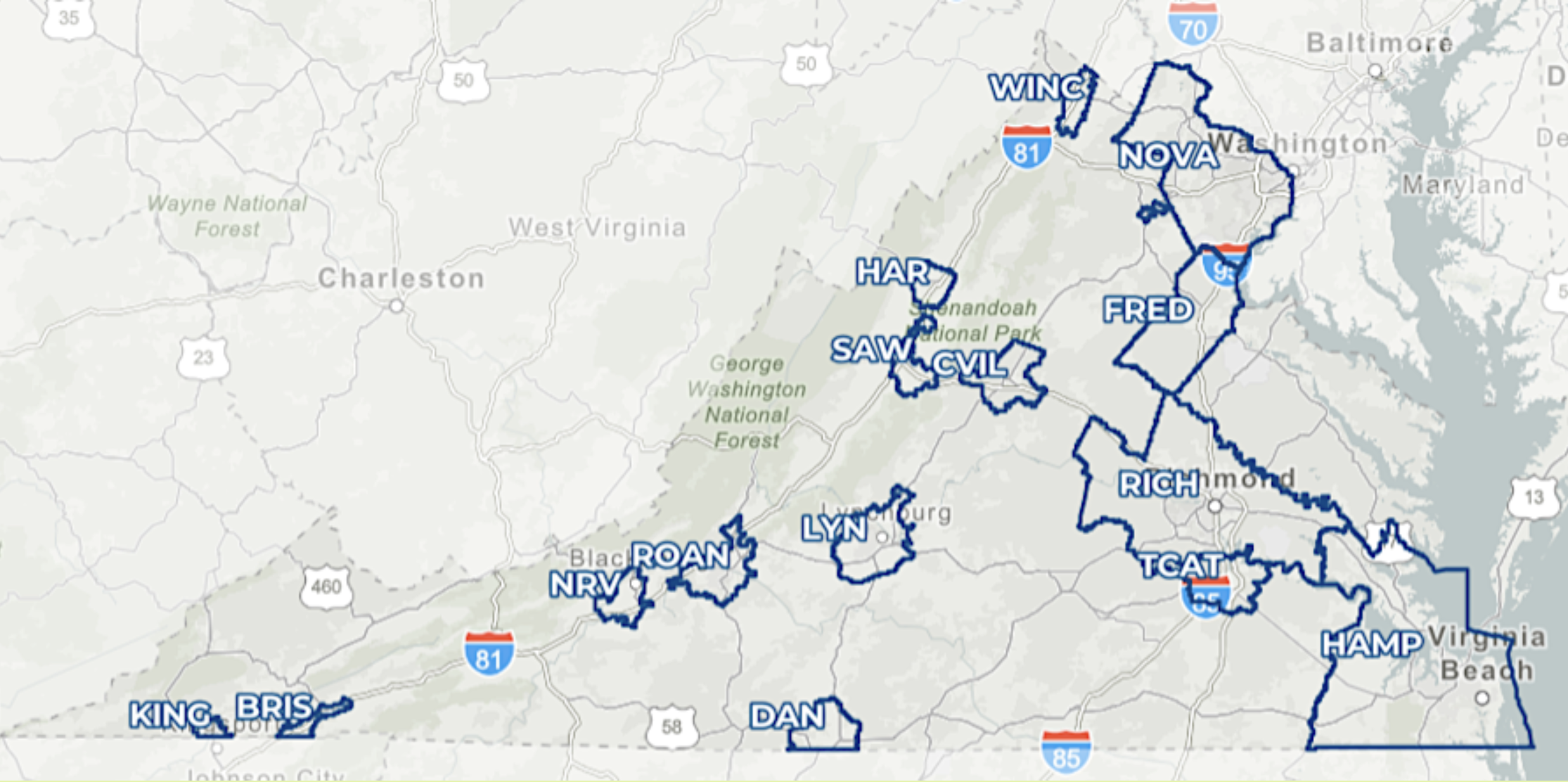 Image of a map of Virginia with each MPO region outlined